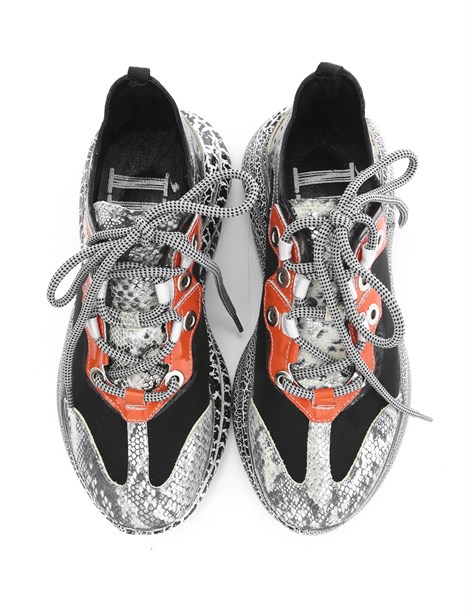 Neyra Women's Sneaker Beige Snake-Black Mesh-Orange Patent Leather