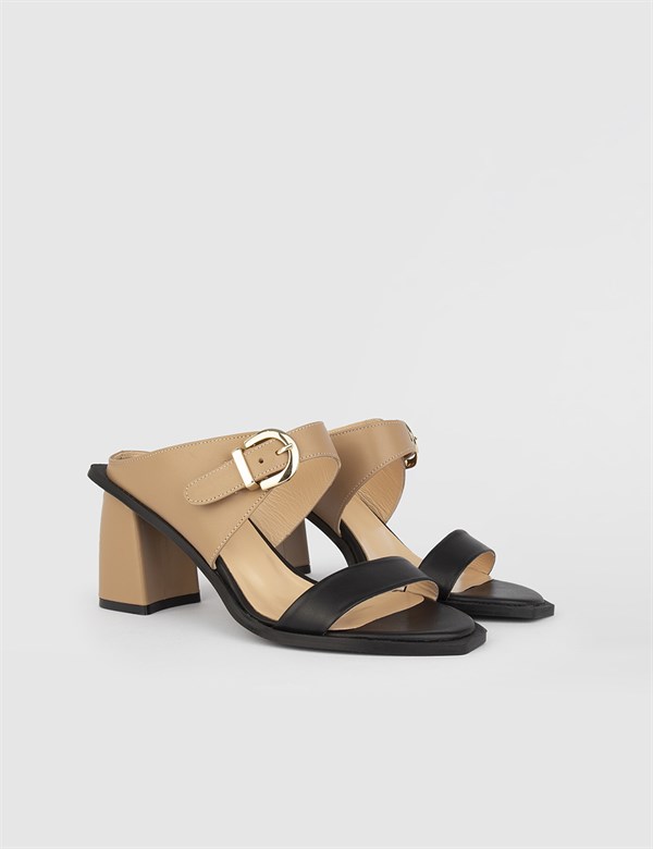 Nigt Black-Camel Aniline Leather Women's Heeled Slide