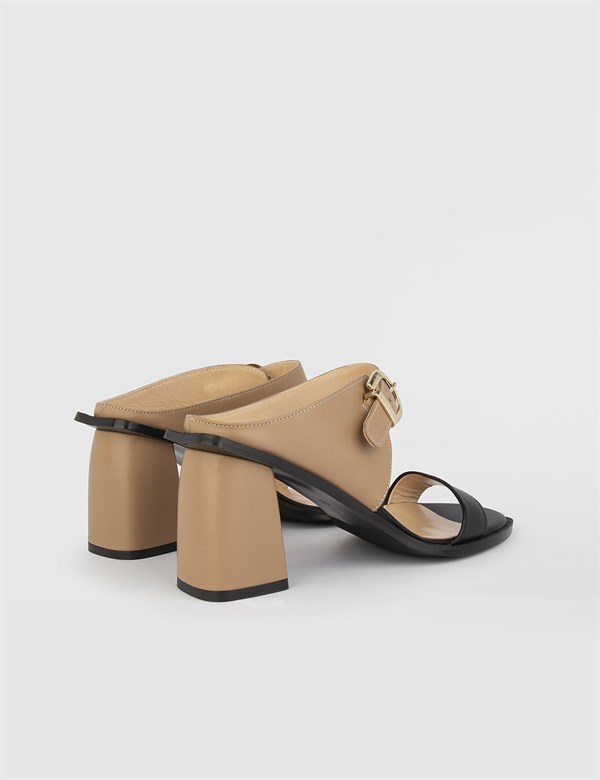 Nigt Black-Camel Aniline Leather Women's Heeled Slide