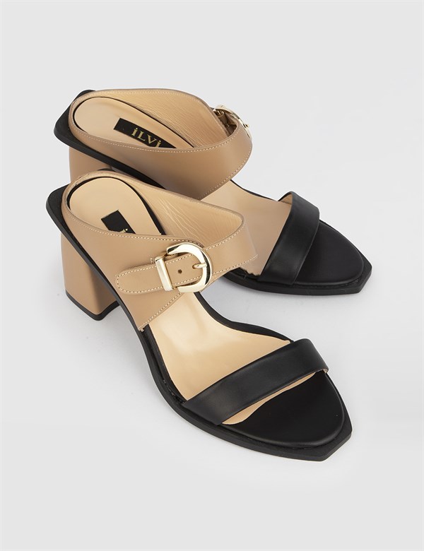 Nigt Black-Camel Aniline Leather Women's Heeled Slide