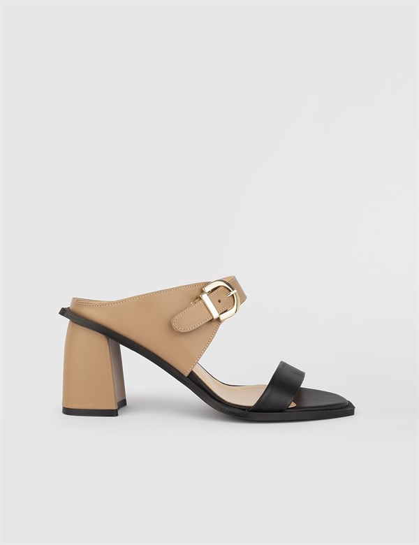 Nigt Black-Camel Aniline Leather Women's Heeled Slide