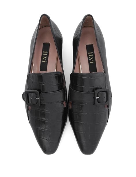 Regina Women's Moccasin Black Crocodile-Black Leather
