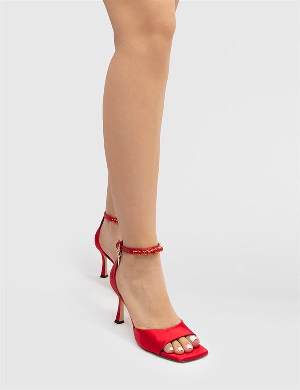 Rian Red Satin Leather Women's Heeled Sandal