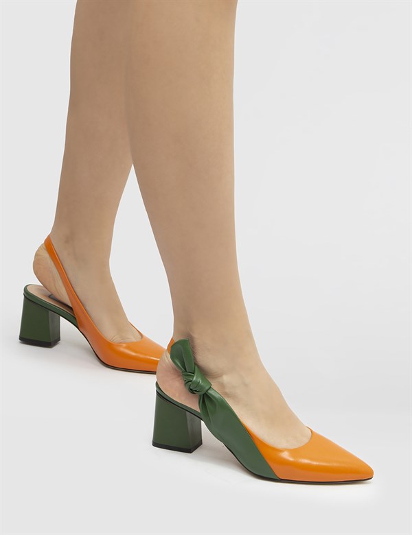 Riku Hakiki Deri Kadın Turuncu Yeşil Topuklu Sandalet