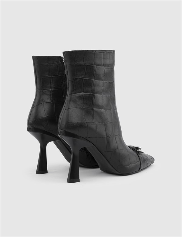 Sanford Black Leather Crocodile Women's Heeled Boot