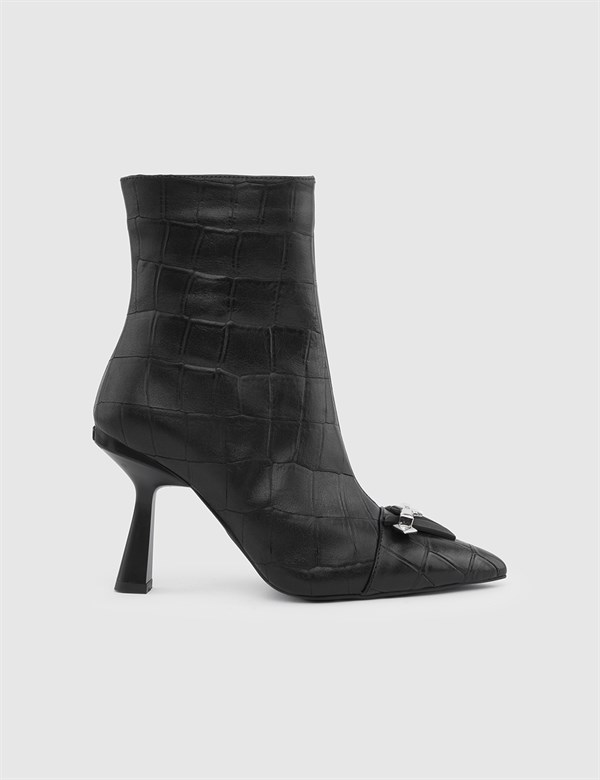 Sanford Black Leather Crocodile Women's Heeled Boot