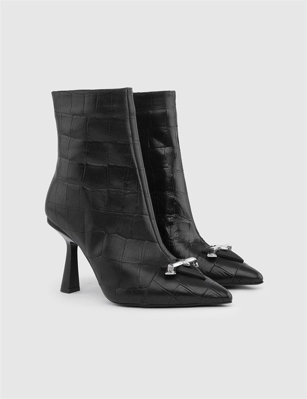 Sanford Black Leather Crocodile Women's Heeled Boot