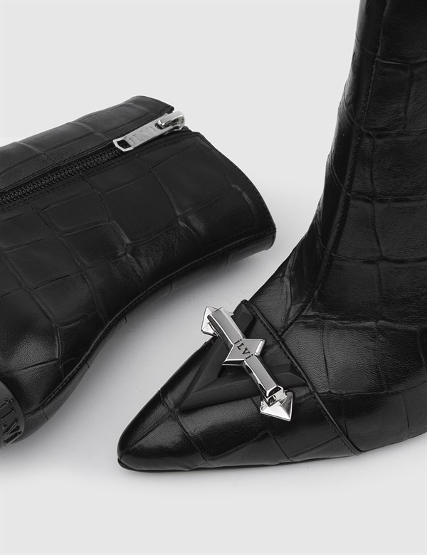 Sanford Black Leather Crocodile Women's Heeled Boot