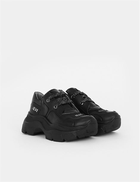 Seyo Black Leather-Black Suede-Black Stretch Women's Sneaker