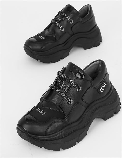 Seyo Black Leather-Black Suede-Black Stretch Women's Sneaker