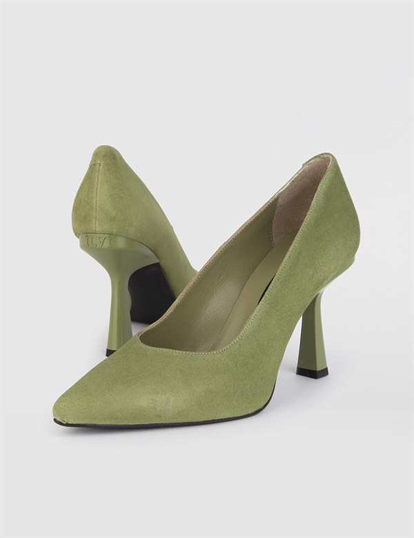 Solin Hakiki Süet Deri Kadın Olive Stiletto