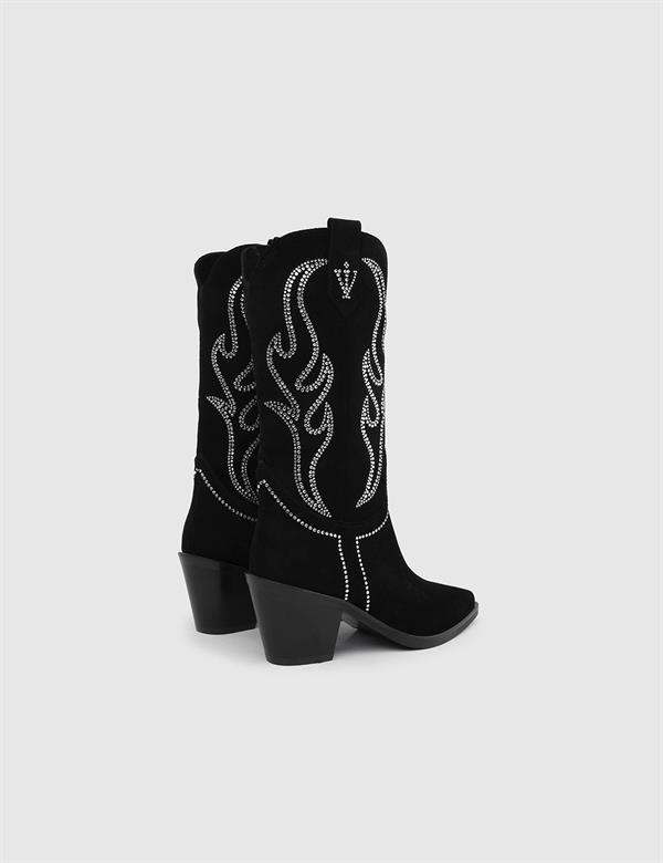 Sonora Black Suede Leather Women's Heeled High Boot with Stones
