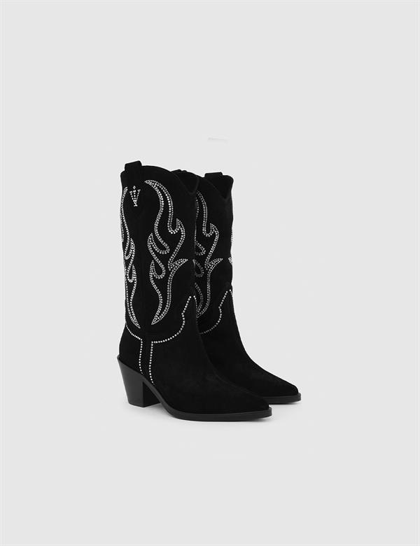 Sonora Black Suede Leather Women's Heeled High Boot with Stones