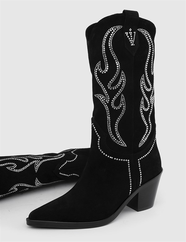 Sonora Black Suede Leather Women's Boot with Stones