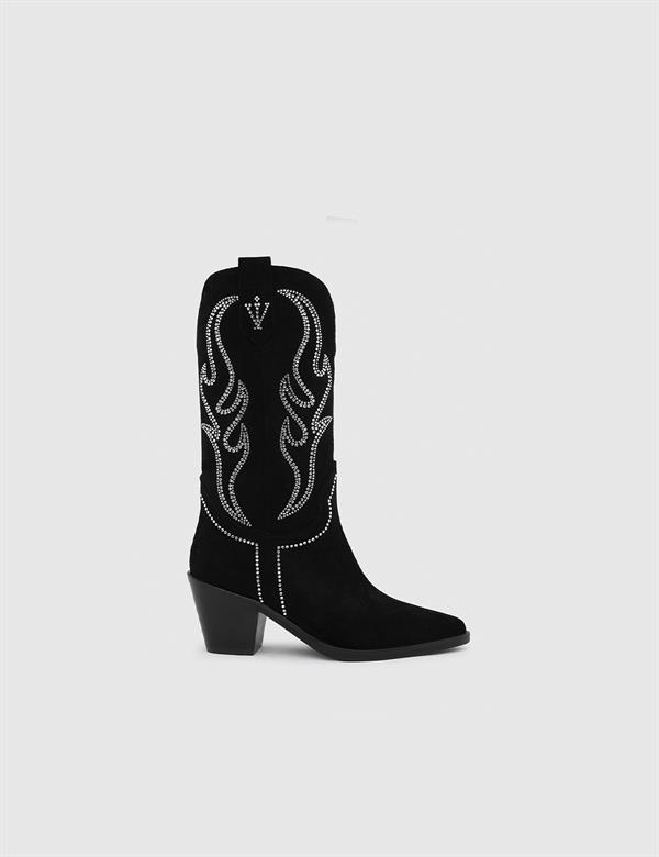 Sonora Black Suede Leather Women's Heeled High Boot with Stones