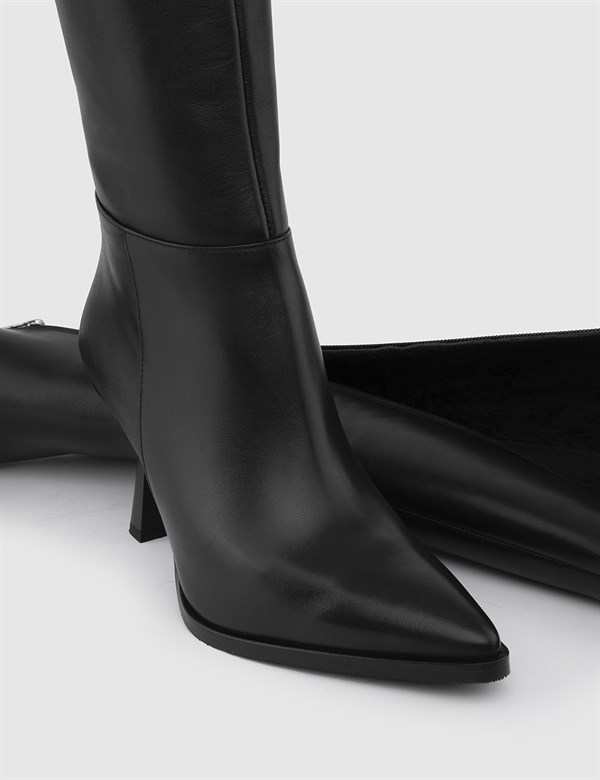 Tacna Black Leather Women's Heeled High Boot