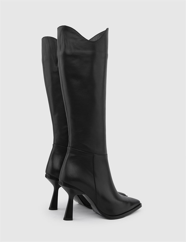 Tacna Black Leather Women's Heeled High Boot