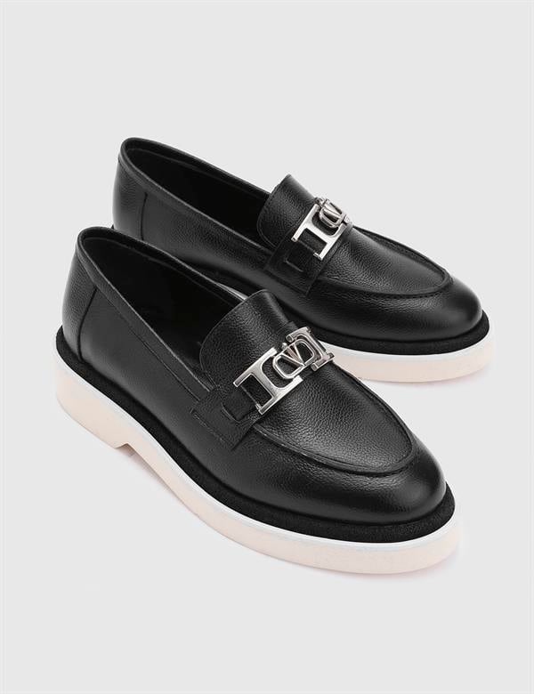 Taja Hakiki Deri Kadın Siyah Loafer Ayakkabı