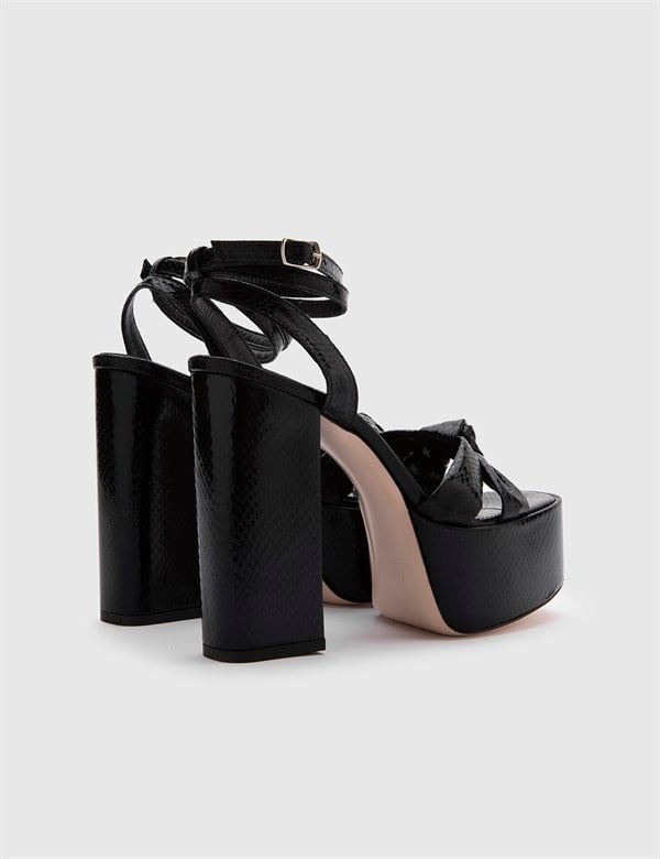 Alcott Black Leather Women's Heeled Sandal with Snake Print