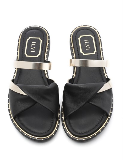 Ales Women's Slipper Golden Metallic Silver-Black Leather