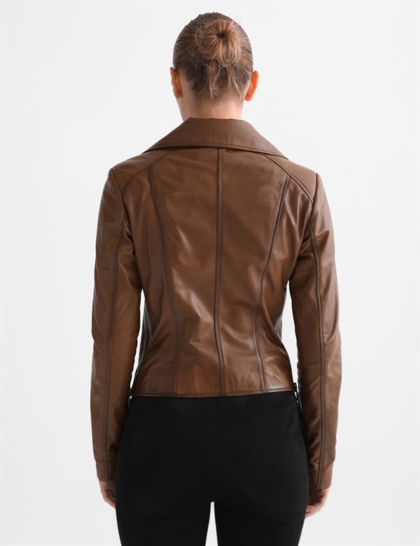 Aliane Reddish Brown Leather Women's Biker Jacket