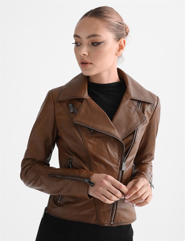 Aliane Reddish Brown Leather Women's Biker Jacket