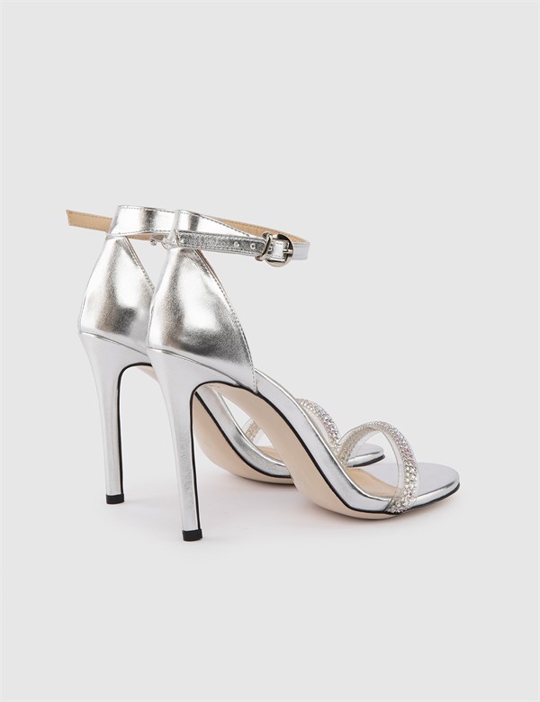 Anson Hakiki Deri Kadın Gümüş Topuklu Sandalet