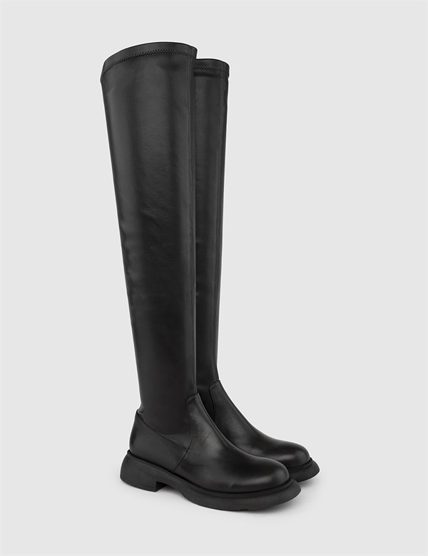 Asal Black Leather Women's Stretch High Boot