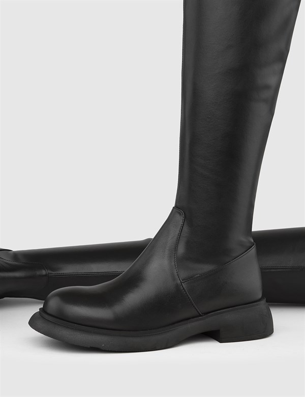 Asal Black Leather Women's Stretch High Boot