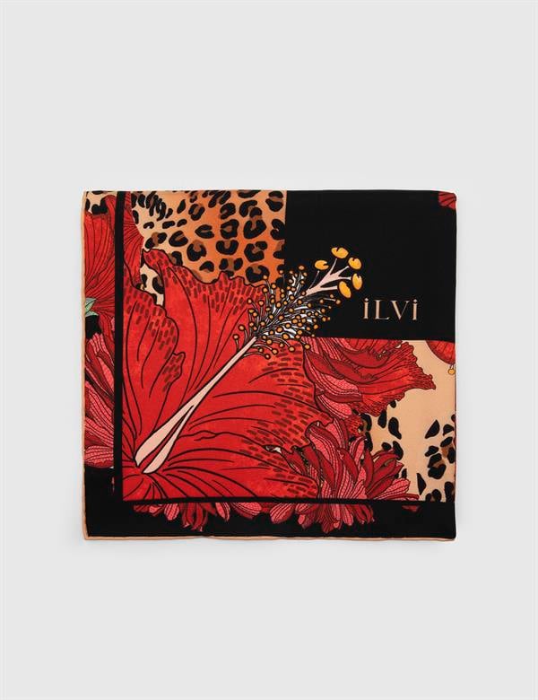 Aster Kadın Eşarp Kırmızı Siyah İpek Twill