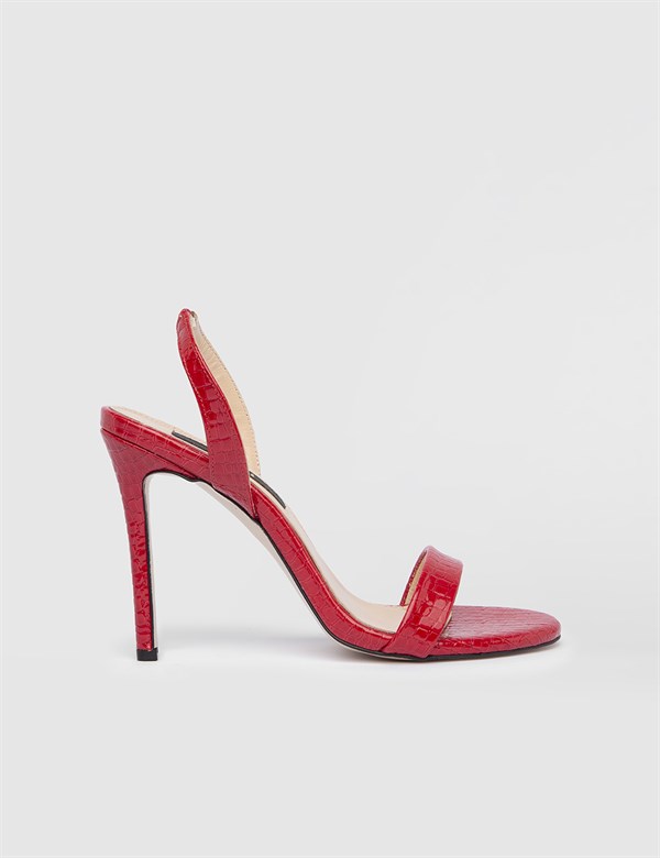 Barclay Hakiki Kroko Deri Kadın Kırmızı Topuklu Sandalet