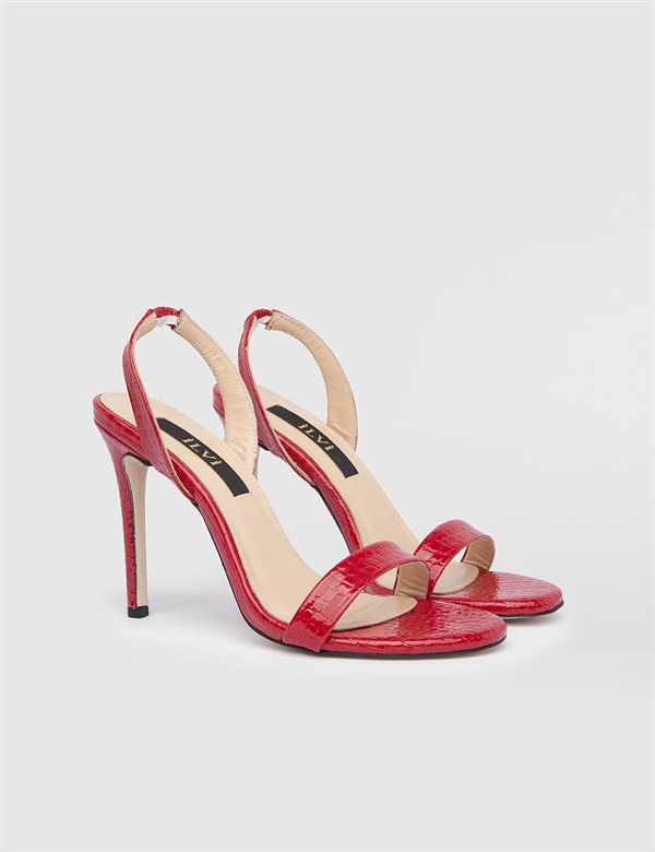 Barclay Hakiki Kroko Deri Kadın Kırmızı Topuklu Sandalet