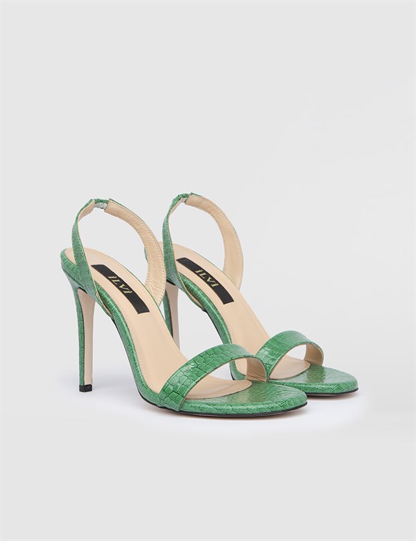 Barclay Hakiki Kroko Deri Kadın Yeşil Topuklu Sandalet