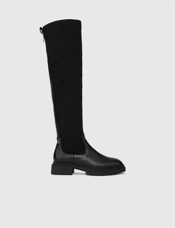Benidorm Black Leather-Fabric Women's High Boot
