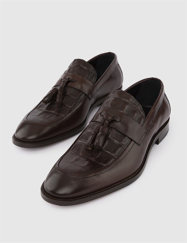 Bestla Saddle Brown Antique Leather Men's Classic Shoe with Crocodile Print