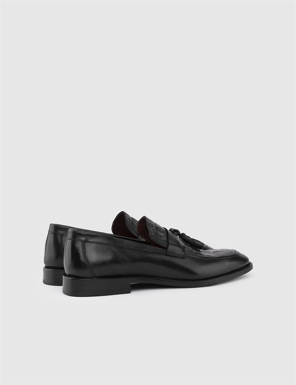Bestla Black Antique Leather Men's Classic Shoe with Crocodile Print