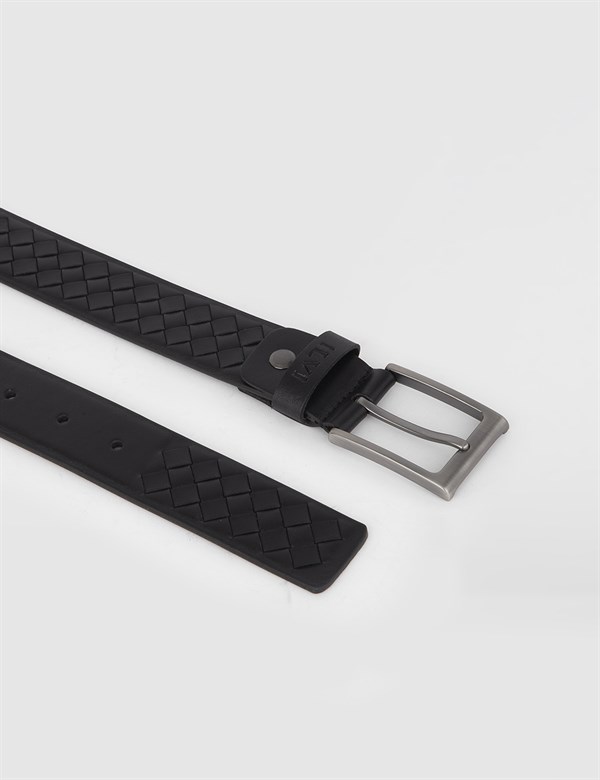 Bhaic Black Leather Woven Men's Belt