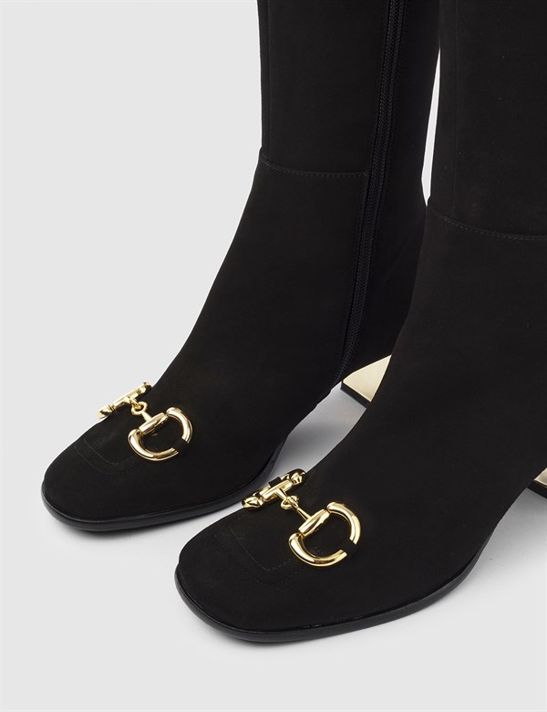 Botik Black Suede Leather Women's Heeled High Boot