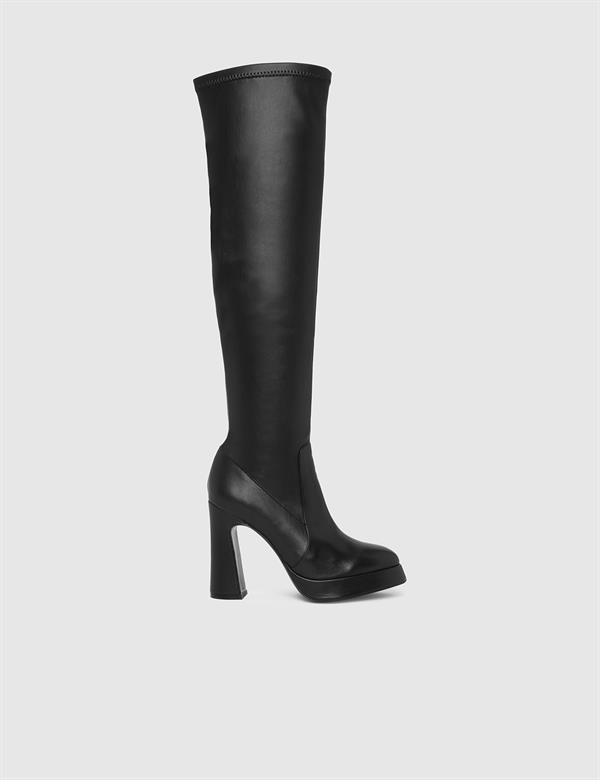 Brisa Black Leather Women's Heeled Stretch High Boot
