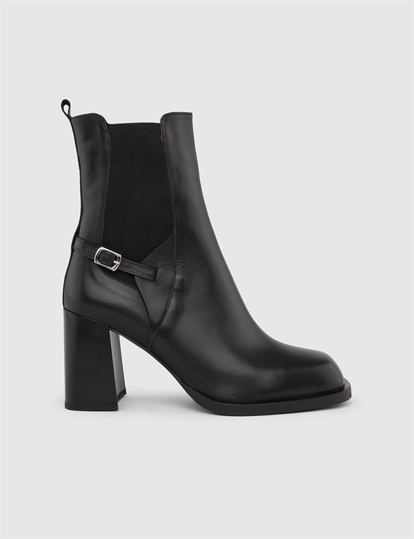 Buck Black Leather Women's Heeled Boot