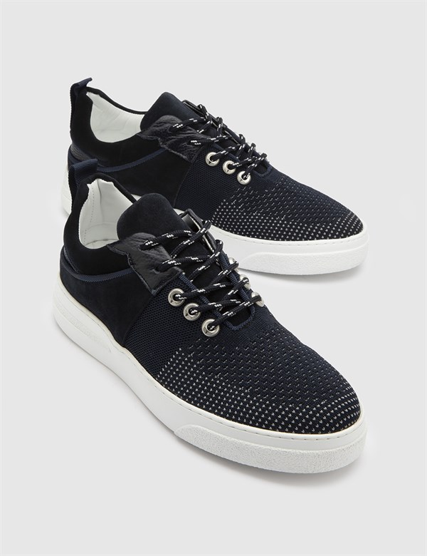 Cait Navy Blue Tricot-Navy Blue Suede Leather Men's Sneaker