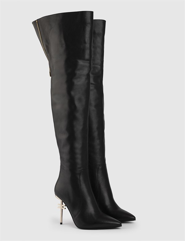 Cardea Black Leather Women's Heeled High Boot