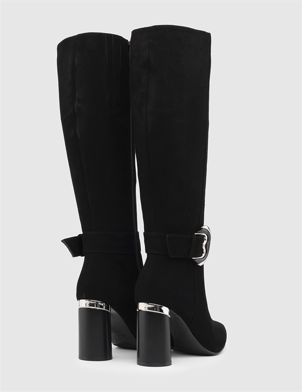 Cassus Black Suede Leather Women's Heeled High Boot