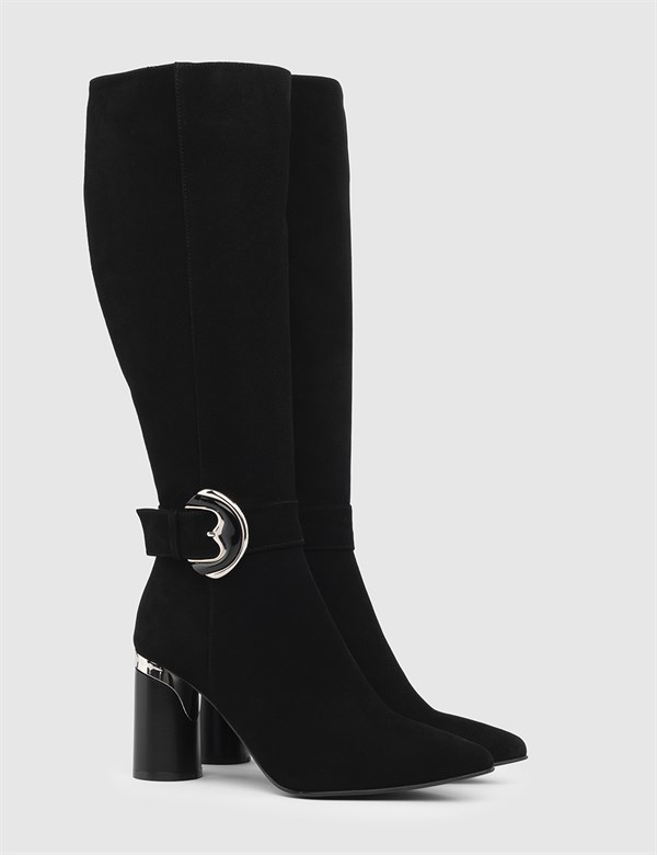 Cassus Black Suede Leather Women's Heeled High Boot