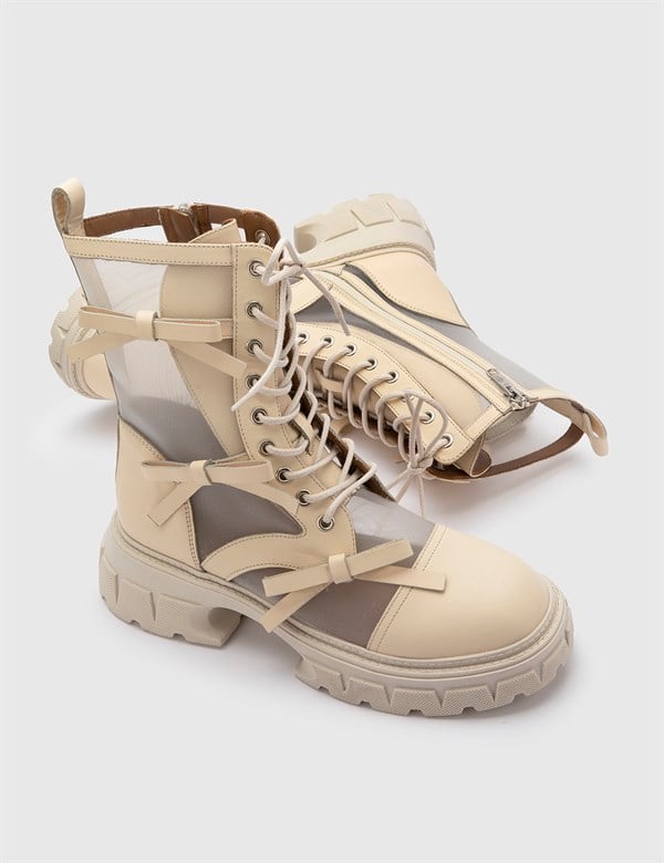 Cenevre Beige Leather Women's Boot