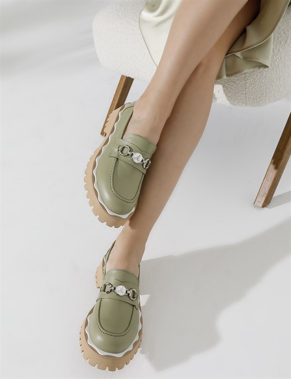 Cery Olive Green Leather Women's Loafer
