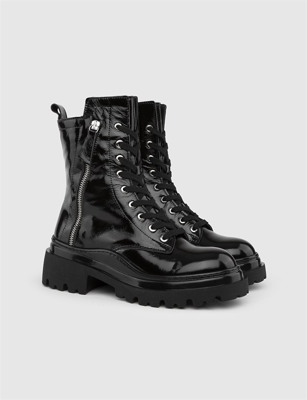 Chora Black Wrinkled Patent Leather Women's Boot