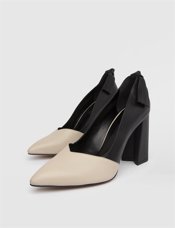 Daphne Hakiki Deri Kadın Bej Siyah Topuklu Ayakkabı