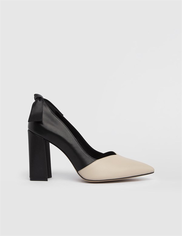 Daphne Hakiki Deri Kadın Bej Siyah Topuklu Ayakkabı