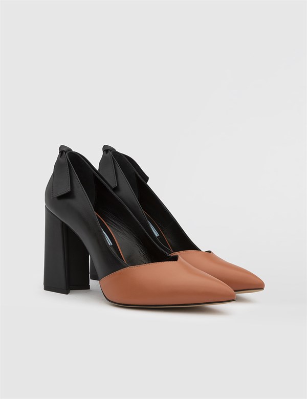 Daphne Hakiki Deri Kadın Kiremit Siyah Topuklu Ayakkabı